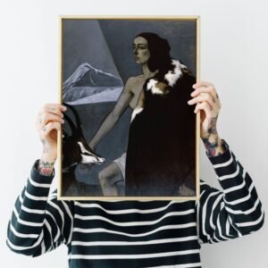 Person holding a framed painting with tattoos visible.