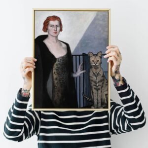 Person holding framed portrait with exotic animal