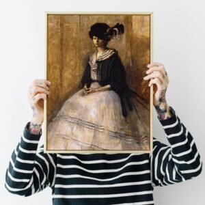 Person holding framed painting in front of face.