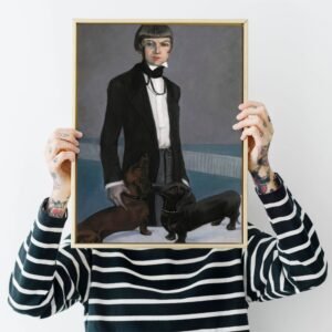 Person holding framed classic painting of a person with dogs.