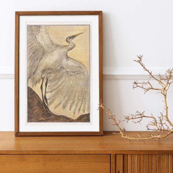 Art Nouveau print of a silver heron by Theo van Hoytema, framed and displayed in various interior settings. The detailed vintage-style illustration features a heron with outstretched wings, evoking elegance and nature-inspired beauty in home decor.