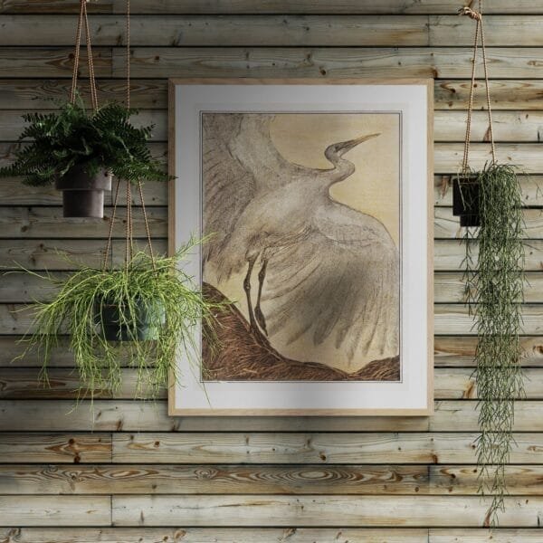 Art Nouveau print of a silver heron by Theo van Hoytema, framed and displayed in various interior settings. The detailed vintage-style illustration features a heron with outstretched wings, evoking elegance and nature-inspired beauty in home decor.