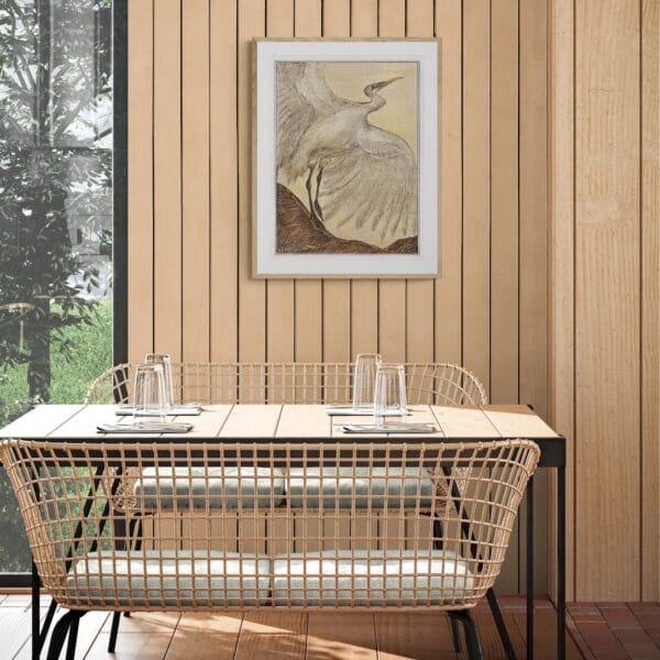 Art Nouveau print of a silver heron by Theo van Hoytema, framed and displayed in various interior settings. The detailed vintage-style illustration features a heron with outstretched wings, evoking elegance and nature-inspired beauty in home decor.