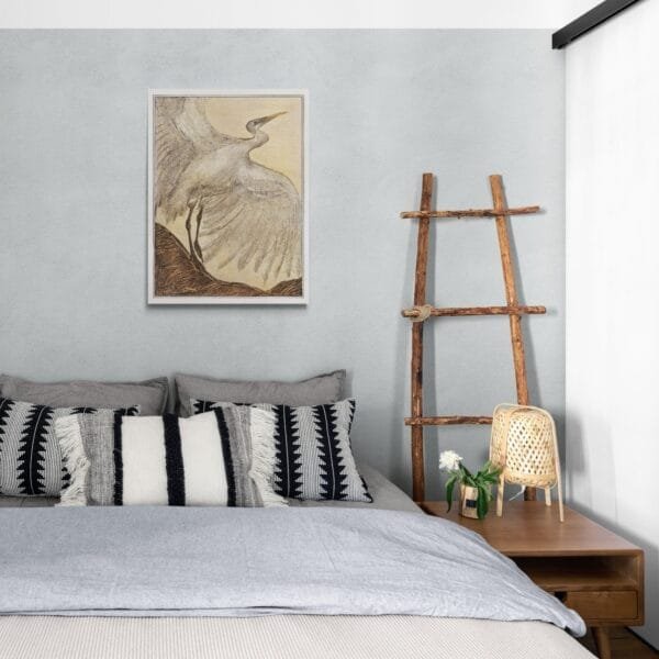 Art Nouveau print of a silver heron by Theo van Hoytema, framed and displayed in various interior settings. The detailed vintage-style illustration features a heron with outstretched wings, evoking elegance and nature-inspired beauty in home decor.