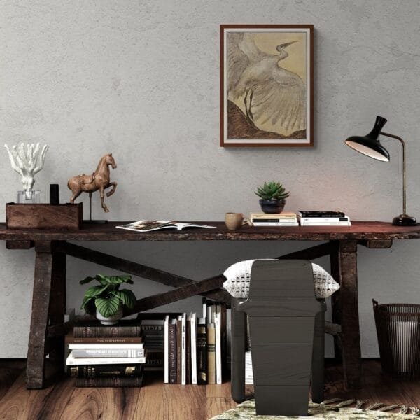 Art Nouveau print of a silver heron by Theo van Hoytema, framed and displayed in various interior settings. The detailed vintage-style illustration features a heron with outstretched wings, evoking elegance and nature-inspired beauty in home decor.