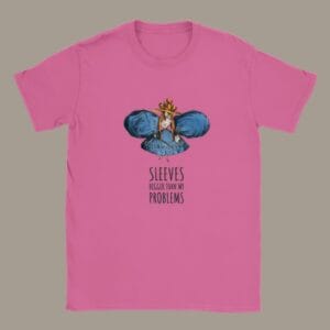 Bold and funny vintage-style T-shirt featuring exaggerated Regency-era sleeves. Satirical William Heath artwork, fashion humor tee, unisex cotton shirt in azalea pink.