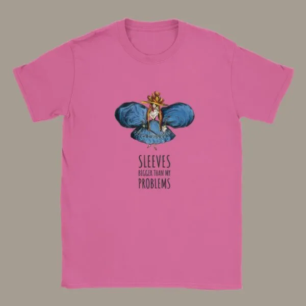 Bold and funny vintage-style T-shirt featuring exaggerated Regency-era sleeves. Satirical William Heath artwork, fashion humor tee, unisex cotton shirt in azalea pink.