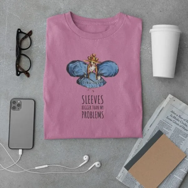 Bold and funny vintage-style T-shirt featuring exaggerated Regency-era sleeves. Satirical William Heath artwork, fashion humor tee, unisex cotton shirt in azalea pink.