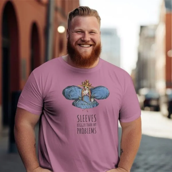 Bold and funny vintage-style T-shirt featuring exaggerated Regency-era sleeves. Satirical William Heath artwork, fashion humor tee, unisex cotton shirt in azalea pink.