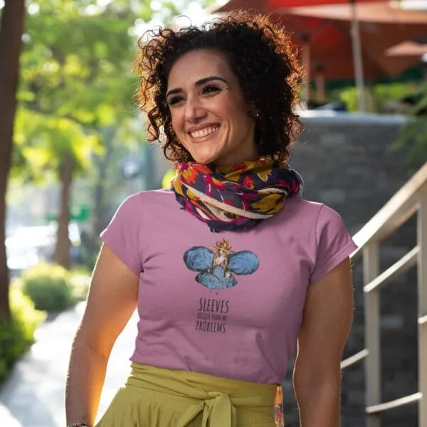 Bold and funny vintage-style T-shirt featuring exaggerated Regency-era sleeves. Satirical William Heath artwork, fashion humor tee, unisex cotton shirt in azalea pink.