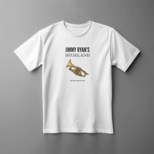 White t-shirt with trumpet design, text 'Dixieland'.