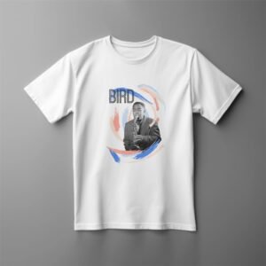 White t-shirt with saxophonist design and 'BIRD' text.