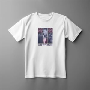 White t-shirt with Jazz musician graphic.