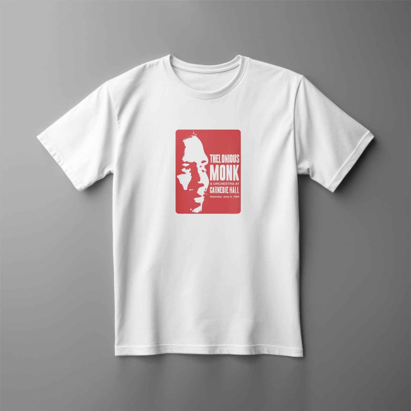 White T-shirt with jazz poster design.
