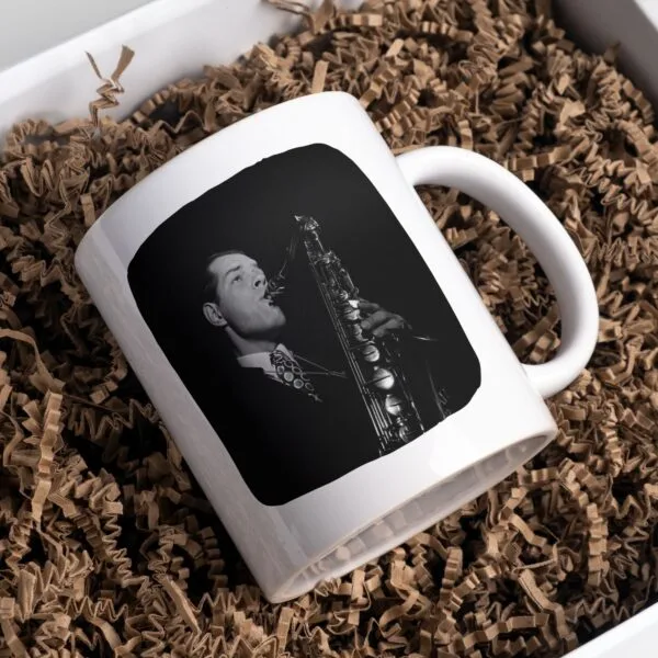 White mug with saxophone player Tex Beneke in gift box.