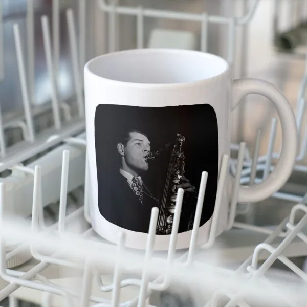 Mug with saxophonist Tex Beneke in dishwasher rack.