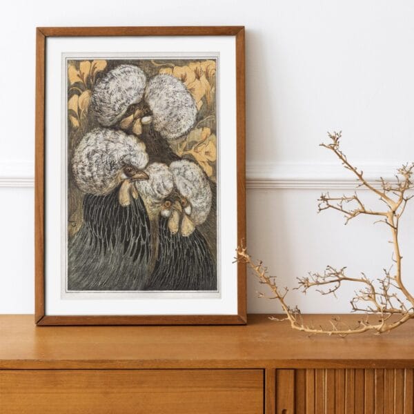 Vintage-style illustration by Theo van Hoytema featuring three crested chickens with intricate feather details and a floral background. Displayed in various framed settings, from modern interiors to rustic spaces, highlighting its charm as unique farm-inspired wall art.