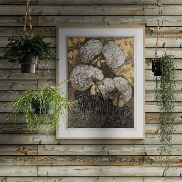 Vintage-style illustration by Theo van Hoytema featuring three crested chickens with intricate feather details and a floral background. Displayed in various framed settings, from modern interiors to rustic spaces, highlighting its charm as unique farm-inspired wall art.