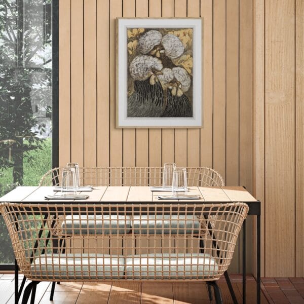 Vintage-style illustration by Theo van Hoytema featuring three crested chickens with intricate feather details and a floral background. Displayed in various framed settings, from modern interiors to rustic spaces, highlighting its charm as unique farm-inspired wall art.