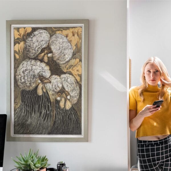 Vintage-style illustration by Theo van Hoytema featuring three crested chickens with intricate feather details and a floral background. Displayed in various framed settings, from modern interiors to rustic spaces, highlighting its charm as unique farm-inspired wall art.