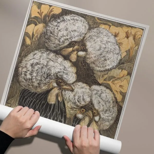 Vintage-style illustration by Theo van Hoytema featuring three crested chickens with intricate feather details and a floral background. Displayed in various framed settings, from modern interiors to rustic spaces, highlighting its charm as unique farm-inspired wall art.