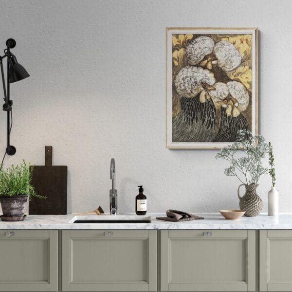 Vintage-style illustration by Theo van Hoytema featuring three crested chickens with intricate feather details and a floral background. Displayed in various framed settings, from modern interiors to rustic spaces, highlighting its charm as unique farm-inspired wall art.