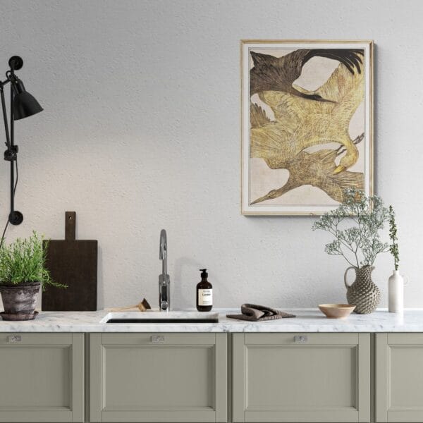 Vintage bird illustrations by Theo van Hoytema featuring three crested chickens, two standing ducks, and three flying birds. These timeless artworks blend nature and elegance, perfect for classic wall decor in modern and rustic interiors.