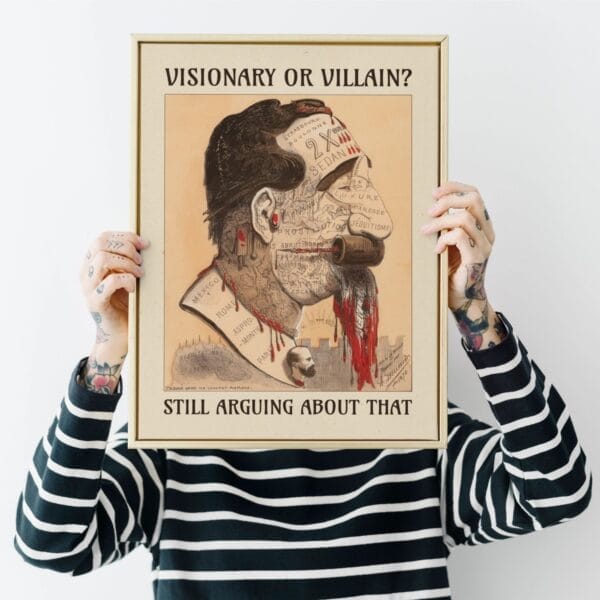 Vintage satirical art print by Achille Belloguet, featuring a surreal phrenology-inspired caricature. Available framed or unframed, this historical political satire artwork is a unique conversation starter for home decor, office spaces, and collectors. Perfect for art lovers, history buffs, and fans of dark humor and thought-provoking wall decor.