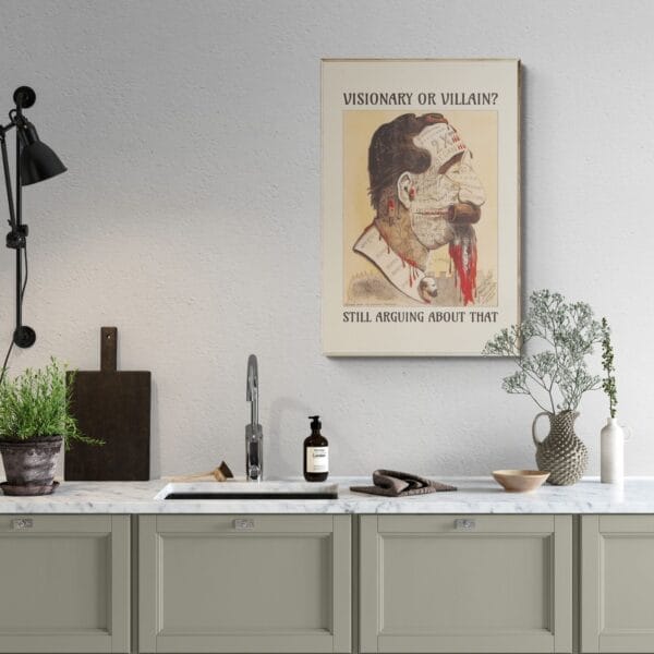 Vintage satirical art print by Achille Belloguet, featuring a surreal phrenology-inspired caricature. Available framed or unframed, this historical political satire artwork is a unique conversation starter for home decor, office spaces, and collectors. Perfect for art lovers, history buffs, and fans of dark humor and thought-provoking wall decor.