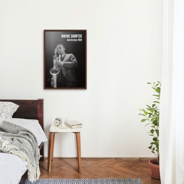 Wayne Shorter jazz poster – Black and white saxophone print of the jazz legend in Amsterdam, 1959. Stylish wall art for music lovers, jazz collectors, and home decor. Available framed or unframed for studios, offices, and living spaces.