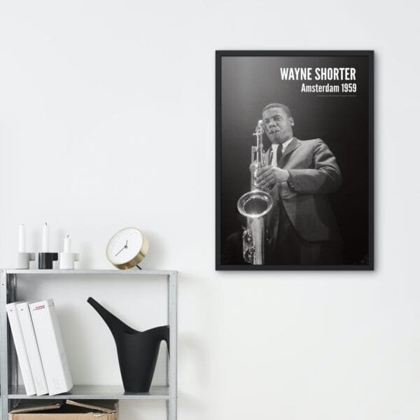 Wayne Shorter jazz poster – Black and white saxophone print of the jazz legend in Amsterdam, 1959. Stylish wall art for music lovers, jazz collectors, and home decor. Available framed or unframed for studios, offices, and living spaces.