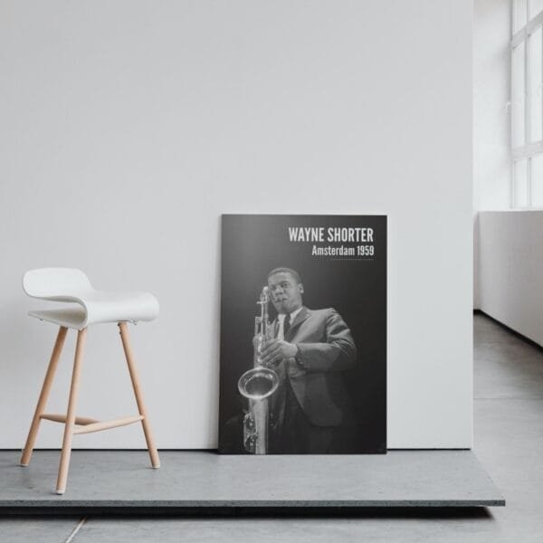 Wayne Shorter jazz poster – Black and white saxophone print of the jazz legend in Amsterdam, 1959. Stylish wall art for music lovers, jazz collectors, and home decor. Available framed or unframed for studios, offices, and living spaces.