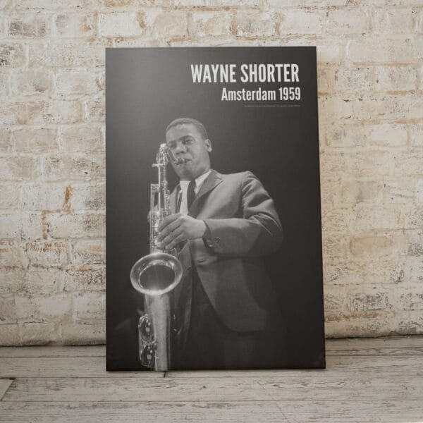 Wayne Shorter jazz poster – Black and white saxophone print of the jazz legend in Amsterdam, 1959. Stylish wall art for music lovers, jazz collectors, and home decor. Available framed or unframed for studios, offices, and living spaces.