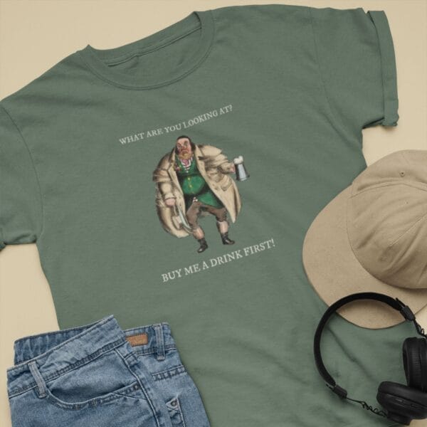 Retro-style humor T-shirt, featuring a classic satirical illustration by William Heath. Vintage pub humor tee, drinking joke shirt, funny gift, military green cotton T-shirt.