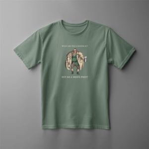 Green t-shirt with humorous illustration and text.