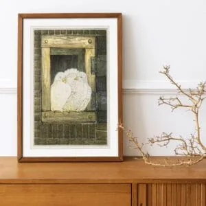 Charming vintage print of two white doves perched in a rustic wooden window by Theo van Hoytema. A timeless Art Nouveau bird illustration, perfect for cozy home decor and nature lovers.
