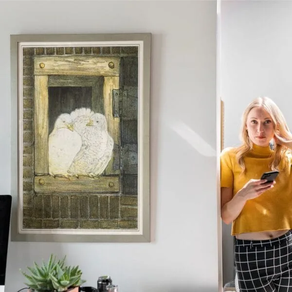 Charming vintage print of two white doves perched in a rustic wooden window by Theo van Hoytema. A timeless Art Nouveau bird illustration, perfect for cozy home decor and nature lovers.