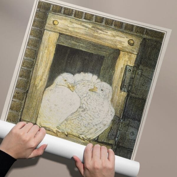 Charming vintage print of two white doves perched in a rustic wooden window by Theo van Hoytema. A timeless Art Nouveau bird illustration, perfect for cozy home decor and nature lovers.