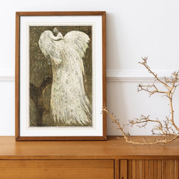 Elegant white peacock print by Theo van Hoytema, showcasing intricate Art Nouveau bird illustration. A timeless vintage ornithology print, perfect for nature lovers, classic home decor, and collectors of fine lithographs. Premium museum-quality reproduction for stylish interiors.