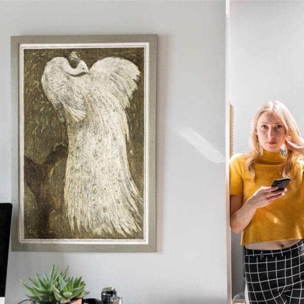 Elegant white peacock print by Theo van Hoytema, showcasing intricate Art Nouveau bird illustration. A timeless vintage ornithology print, perfect for nature lovers, classic home decor, and collectors of fine lithographs. Premium museum-quality reproduction for stylish interiors.