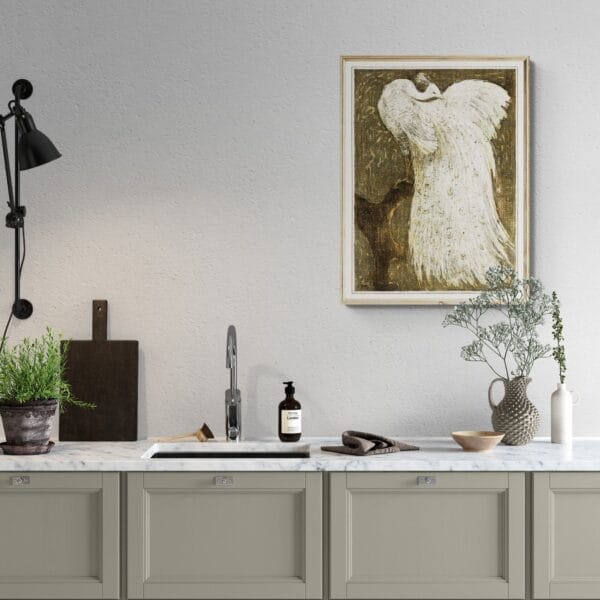 Elegant white peacock print by Theo van Hoytema, showcasing intricate Art Nouveau bird illustration. A timeless vintage ornithology print, perfect for nature lovers, classic home decor, and collectors of fine lithographs. Premium museum-quality reproduction for stylish interiors.