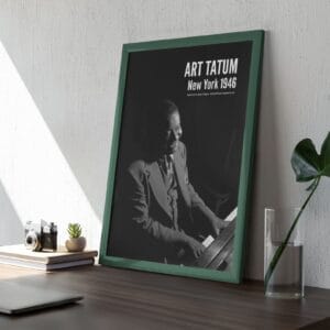 Art Tatum jazz poster with a vintage black-and-white portrait of the legendary pianist at the piano, taken by William P. Gottlieb in New York. A must-have for jazz lovers, music history fans, and vintage decor collectors. Perfect for home or studio.