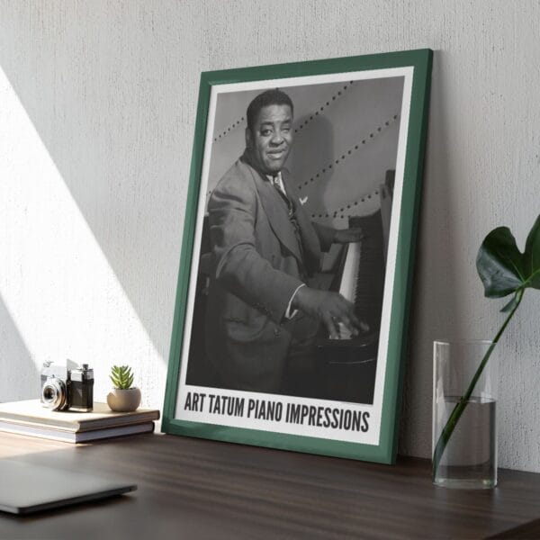 Art Tatum jazz poster with a vintage black-and-white portrait of the legendary pianist at the piano, taken by William P. Gottlieb in New York. A must-have for jazz lovers, music history fans, and vintage decor collectors. Perfect for home or studio.