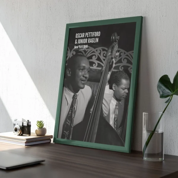 Black and white jazz poster featuring Oscar Pettiford and Junior Raglin, photographed by William Gottlieb in New York, 1946. A vintage jazz wall art print, ideal for music lovers, jazz enthusiasts, and home decor. Shown in various room settings, including a living room, bedroom, and music studio, framed and unframed.