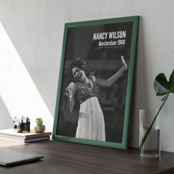 Nancy Wilson jazz poster – vintage 1968 concert photo from Grand Gala du Disque, Amsterdam. Elegant black-and-white jazz wall art for music lovers, collectors, and home decor. Perfect for jazz enthusiasts, retro decor, and timeless music spaces.