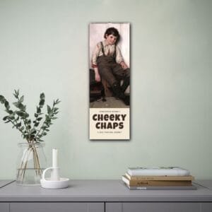 Cheeky Chaps calendar on wall above table decor.