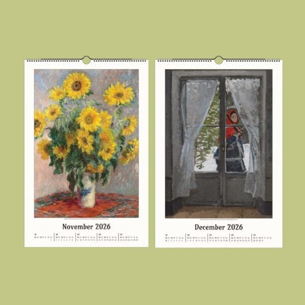 2026 calendar with sunflower and winter scene artworks.