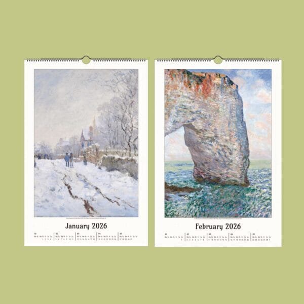 Art calendar: snowy scene and ocean cliff paintings.