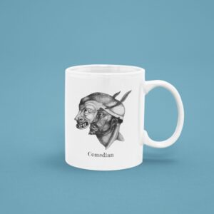 White mug with comedy mask illustration