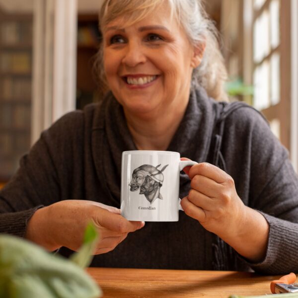 Smiling woman holding a mug with funny illustration.